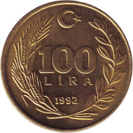 Монета 100 лир. 1992 год, Турция. Монета 100 лир. 1992 год, Турция.