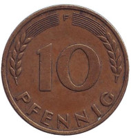 Монета 10 пфеннигов. 1950 год (F), ФРГ. Дубовые листья. Монета 10 пфеннигов. 1950 год (F), ФРГ. Дубовые листья.