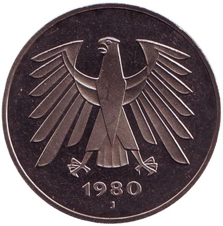 Монета 5 марок. 1980 год (J), Германия.