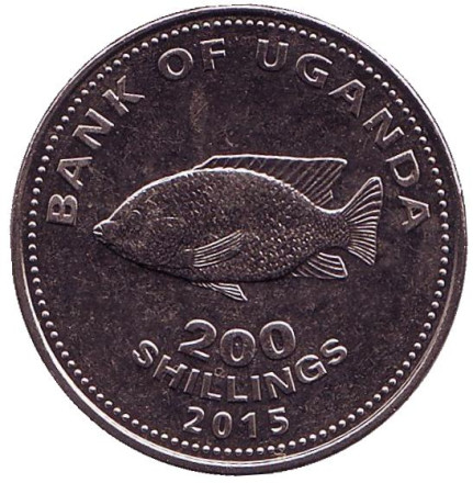 Монета 200 шиллингов. 2015 год, Уганда. Рыба семейства "Цихлиды".