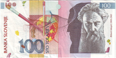 Банкнота 100 толаров. 2003 год, Словения. Рихард Якопич.