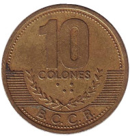 Монета 10 колонов. 1997 год, Коста-Рика. Монета 10 колонов. 1997 год, Коста-Рика.