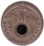 Монета 2 рейхсмарки. 1939 год, Германия (Третий Рейх). (D). Монета 2 рейхсмарки. 1939 год, Германия (Третий Рейх). (D).