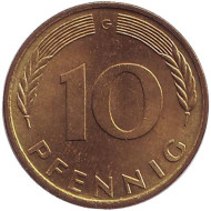 Монета 10 пфеннигов. 1978 год (G), ФРГ. Дубовые листья. Монета 10 пфеннигов. 1978 год (G), ФРГ. Дубовые листья.