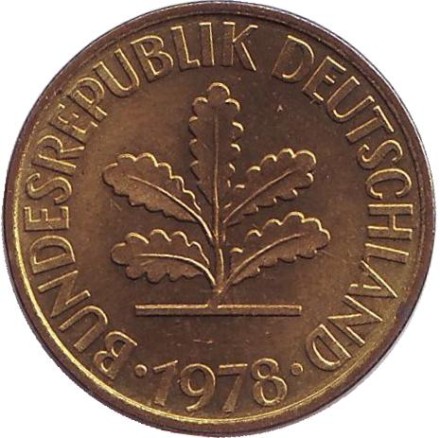 Монета 10 пфеннигов. 1978 год (G), ФРГ. Дубовые листья.