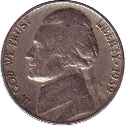 Монета 5 центов. 1939 год, США. Джефферсон. Монтичелло.