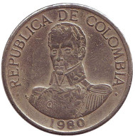 Монета 1 песо. 1980 год, Колумбия. Симон Боливар. Монета 1 песо. 1980 год, Колумбия. Симон Боливар.