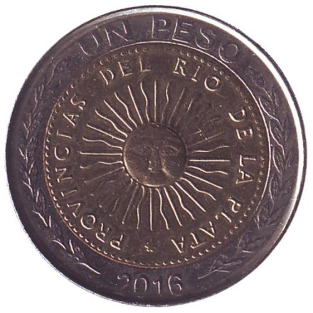 Монета 1 песо. 2016 год, Аргентина.