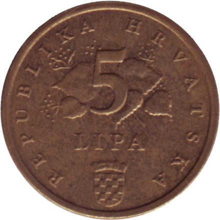 Монета 5 лип. 2016 год, Хорватия. Дуб черешчатый.