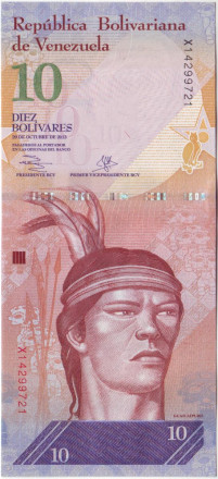 Банкнота 10 боливаров. 2013 год, Венесуэла.