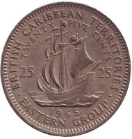 Монета 25 центов. 1965 год, Восточно-Карибские государства. Галеон "Золотая лань" сэра Френсиса Дрейка.