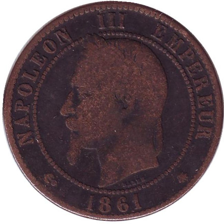 Монета 10 сантимов. 1861 год (A), Франция. Наполеон III.