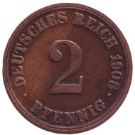Монета 2 пфеннига. 1908 год (A), Германская империя. Монета 2 пфеннига. 1908 год (A), Германская империя.