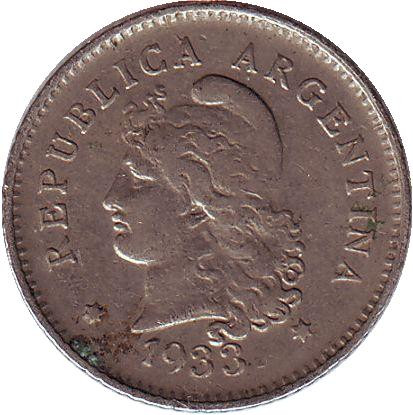 Монета 10 сентаво. 1933 год, Аргентина.