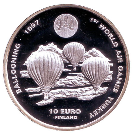Монета 10 евро. 1996 год, Финляндия. Всемирные воздушные игры в Турции. Воздухоплаватели.