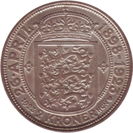 Монета 2 кроны. 1923 год, Дания. Серебряная годовщина свадьбы. Монета 2 кроны. 1923 год, Дания. Серебряная годовщина свадьбы.
