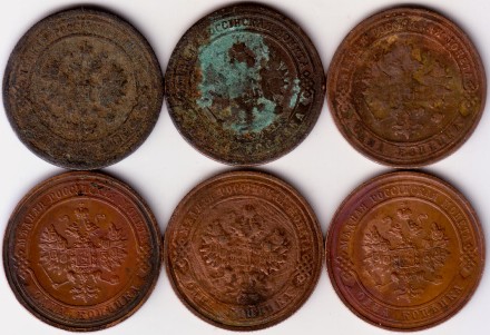 Подборка из 6-ти монет номиналом 1 копейка. 1899-1916 гг., Российская империя. Подборка из 6-ти монет номиналом 1 копейка. 1899-1916 гг., Российская империя.