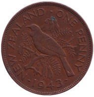 Монета 1 пенни, 1943 год, Новая Зеландия. Новозеландский туи. Монета 1 пенни, 1943 год, Новая Зеландия. Новозеландский туи.