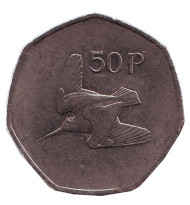 Монета 50 пенсов. 1998 год, Ирландия. Вальдшнеп (Лесной кулик).