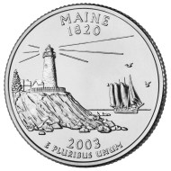 Монета 25 центов (P). 2003 год, США. Мэн. Штат № 23. Монета 25 центов (P). 2003 год, США. Мэн. Штат № 23.