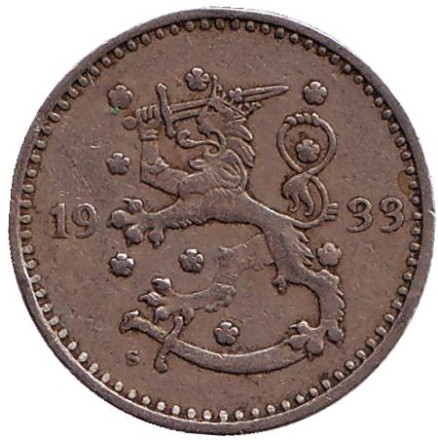 Монета 1 марка. 1933 год, Финляндия. Монета 1 марка. 1933 год, Финляндия.