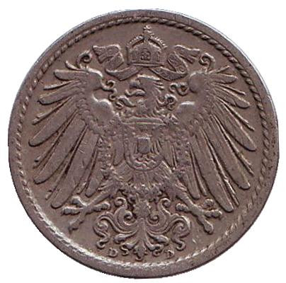 Монета 5 пфеннигов. 1907 год (D), Германская империя.