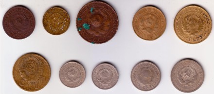 Подборка из 10 монета номиналами 1,2,3,5,10,15 и 20 копеек. 1924-1956 гг., СССР.