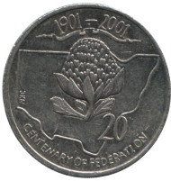 Монета 20 центов. 2001 год, Австралия. 100-летие образования федерации. Новый Южный Уэльс. Монета 20 центов. 2001 год, Австралия. 100-летие образования федерации. Новый Южный Уэльс.