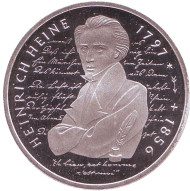 Монета 10 марок. 1997 год, ФРГ. 200-летие со дня рождения Генриха Гейне. (F). Proof. Монета 10 марок. 1997 год, ФРГ. 200-летие со дня рождения Генриха Гейне. (F). Proof.