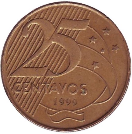 Монета 25 сентаво. 1999 год, Бразилия. Мануэл Деодору да Фонсека.