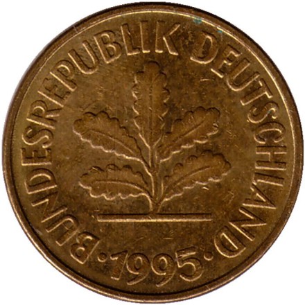 Монета 5 пфеннигов. 1995 год (G), ФРГ. Дубовые листья. Монета 5 пфеннигов. 1995 год (G), ФРГ. Дубовые листья.