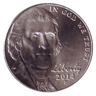 Монета 5 центов. 2014 год (P), США. Монтичелло. Монета 5 центов. 2014 год (P), США. Монтичелло.