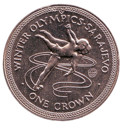 Монета 1 крона. 1984 год, Остров Мэн. XIV зимние Олимпийские Игры 1984 года в Сараево.