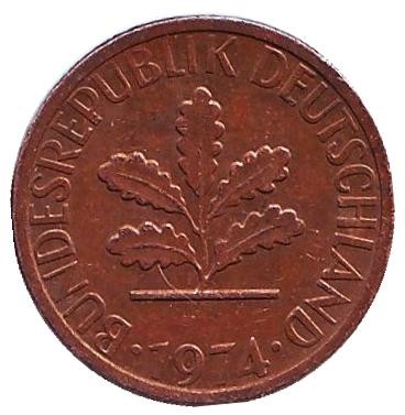 Монета 1 пфенниг. 1974 год (G), ФРГ. Дубовые листья.