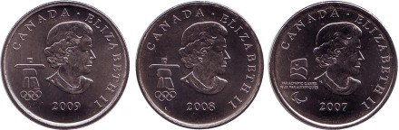 Набор монет номиналом 25 центов (12 шт.). 2007 - 2009 гг., Канада. XXI Зимние Олимпийские игры 2010 года в Ванкувере. 
