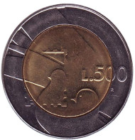 Монета 500 лир. 1990 год, Сан-Марино. 1600 год - год принятия конституции. Монета 500 лир. 1990 год, Сан-Марино. 1600 год - год принятия конституции.