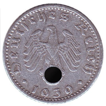 Монета 50 рейхспфеннигов. 1939 год, Германия (Третий Рейх). (G). Монета 50 рейхспфеннигов. 1939 год, Германия (Третий Рейх). (G).