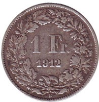 Гельвеция. Монета 1 франк. 1912 год, Швейцария.