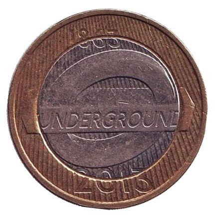 Монета 2 фунта. 2013 год, Великобритания. 150 лет Лондонскому метро. Эмблема.