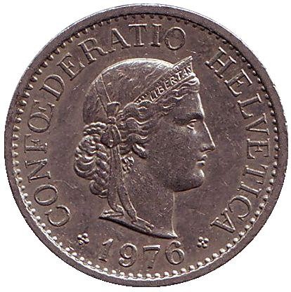 Монета 10 раппенов. 1976 год, Швейцария. Монета 10 раппенов. 1976 год, Швейцария.