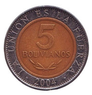 Монета 5 боливиано. 2004 год, Боливия. Монета 5 боливиано. 2004 год, Боливия.