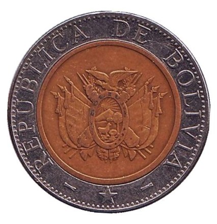 Монета 5 боливиано. 2004 год, Боливия.