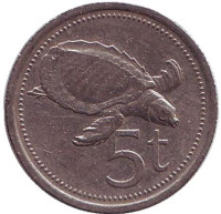 Свиноносая черепаха. Монета 5 тойа, 1987 год, Папуа-Новая Гвинея.