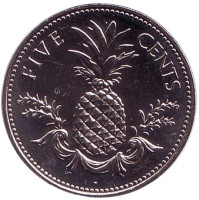Ананас. Монета 5 центов, 2005 год, Багамские острова. UNC.
