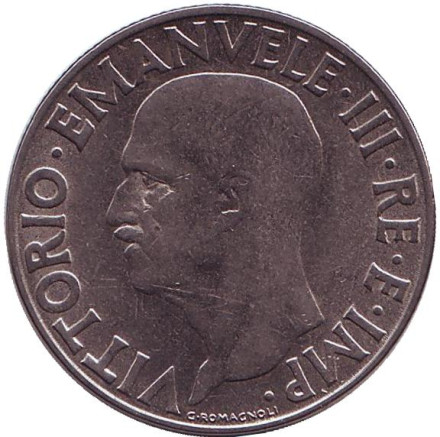 Монета 1 лира. 1939 год, Италия. Немагнитная. (XVIII). Монета 1 лира. 1939 год, Италия. Немагнитная. (XVIII).