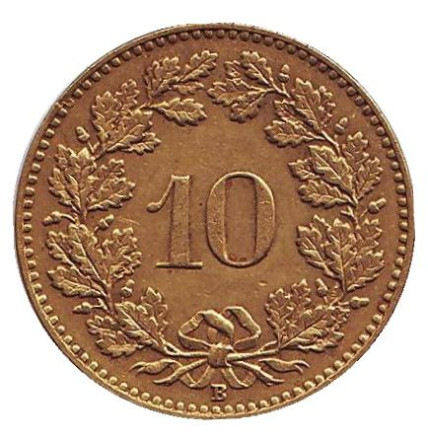 Монета 10 раппенов. 1918 год, Швейцария. (Латунь).