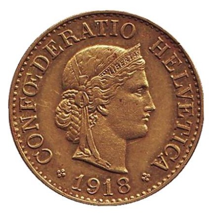 Монета 10 раппенов. 1918 год, Швейцария. (Латунь). Монета 10 раппенов. 1918 год, Швейцария. (Латунь).