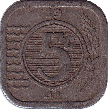 Монета 5 центов. 1941 год, Нидерланды. Из обращения.