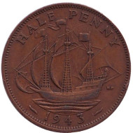 Монета 1/2 пенни. 1943 год, Великобритания. "Золотая лань". Монета 1/2 пенни. 1943 год, Великобритания. "Золотая лань".