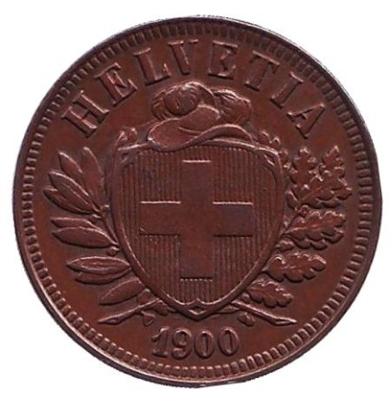 Монета 2 раппена. 1900 год, Швейцария. XF. Монета 2 раппена. 1900 год, Швейцария. XF.